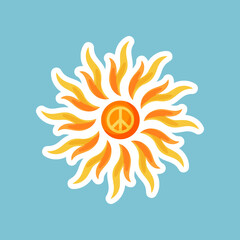 Retro hippie badge with sun vector illustration. Sticker or patch with sun and peace sign on blue background. Hippie, peace, music, love, accessories concept