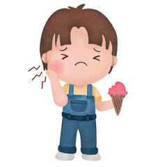 An image of a kid having a toothache in watercolour