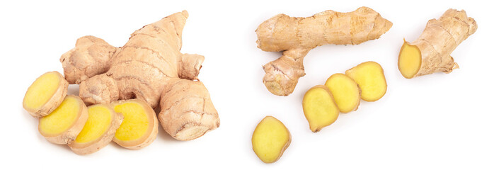 fresh Ginger root and slice isolated on white background with copy space for your text. Top view....