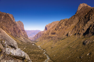 River and Huascaran massif in Cordillera Blanca, snowcapped Andes, Ancash, Peru