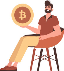 The guy sits in a chair and holds a bitcoin coin in his hands.