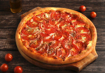 round whole pizza margarita with tomatoes, cheese and spices on a wooden dark background