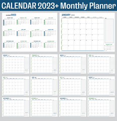2023 calendar template. Vector planner calendar with notes and place for schedule. Monthly planner , Monthly Calendar, Minimal modern organizer for desktop or wall on blue and green color. - obrazy, fototapety, plakaty