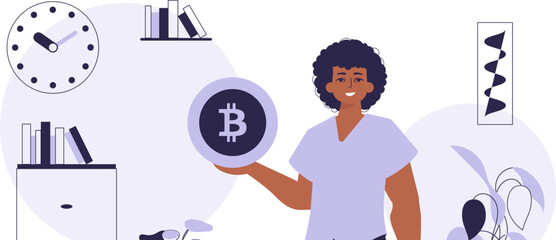 The concept of mining and extraction of bitcoin. A man holds a bitcoin in his hands. Character in trendy style.