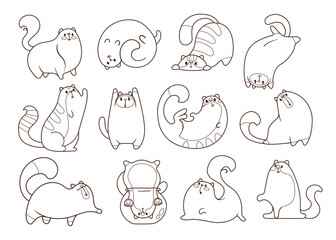 Comic cats in different poses vector doodles set. Cute hand drawn kitten cartoon characters standing, lying, walking isolated on white background. Pets or domestic animals concept