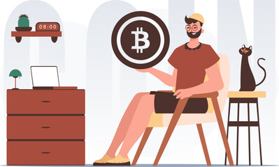 The concept of mining and extraction of bitcoin. The guy sits in a chair and holds a bitcoin in the form of a coin in his hands. Character in modern trendy style.