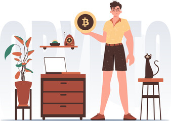 Cryptocurrency concept. A man holds a bitcoin coin in his hands. Character in trendy style.