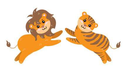 Cute comic lion jumping towards tiger vector illustration. Big cat cartoon characters playing together isolated on white background. Wildlife, circus, entertainment, animals concept