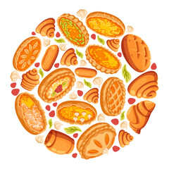 Circular pattern with tasty pies and buns vector illustration. Collection of cartoon drawings of different pastries or sweet treats isolated on white background. Desserts, food, bakery concept