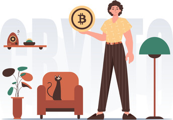 The concept of mining and extraction of bitcoin. A man holds a bitcoin in his hands. Character with a modern style.