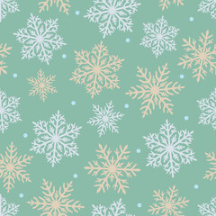 Calm yellow and blue snowflakes with snow on a light blue-turquoise background. Seamless winter pattern. Clipping. Christmas, New year. Suit for wrapping paper, packaging.