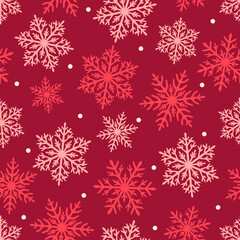 Naklejka na ściany i meble Colorful snowflakes and snow on red background. Seamless winter pattern. Clipping. Christmas, New year. Suit for wrapping paper, packaging.