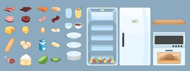 Food items and kitchen equipment for mobile game user interface. Kitchen simulator game design asset.  Isolated ingreedients for different meals fresh and cooked, fridge, stove, oven, shelf.