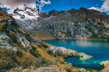 Fototapeta na wymiar Turquoise Churup lake in Cordillera Blanca, snowcapped Andes, Ancash, Peru