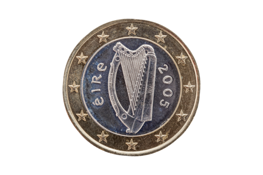One Euro coin of Ireland (Eire) dated 2005 which shows the Irish Celtic harp on the reverse, png stock photo file cut out and isolated on a transparent background