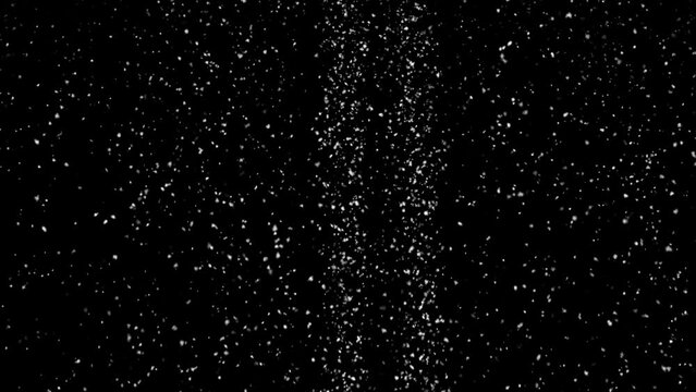 Loop-rendered animation of snow falling. Snow blizzard isolated on a black screen. Christmas snowfall. Winter Snowstorm