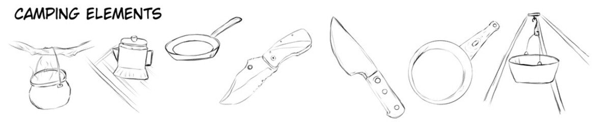 Camping kit: cauldron, coffee pot, penknife, kitchen knife, frying pan, hanging pot. Digital pencil sketch illustration.