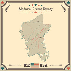 Large and accurate map of Greene county, Alabama, USA with vintage colors.