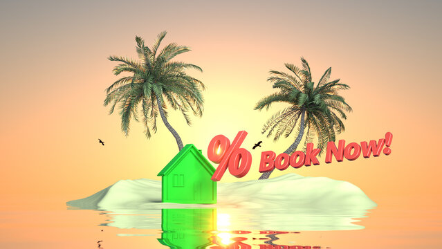 Summer Sale Design. Special Offer for holiday vacation concept. Exotic Island with palm trees and Discount Symbol. Travel Promotion banner. 3D render.