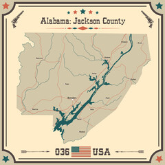 Large and accurate map of Jackson county, Alabama, USA with vintage colors.