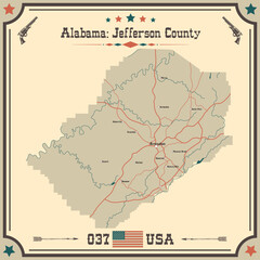Large and accurate map of Jefferson county, Alabama, USA with vintage colors.