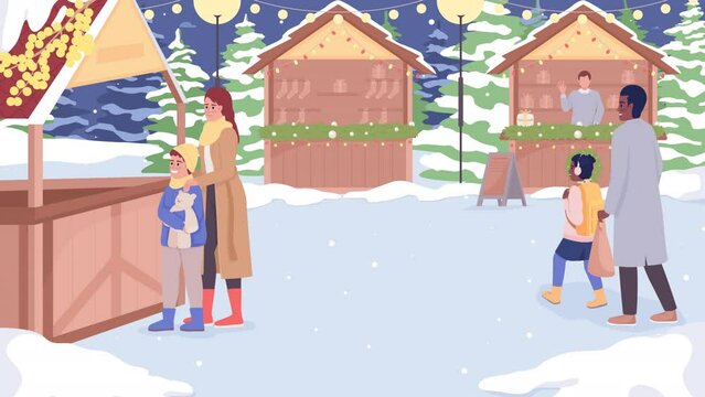 Animated festive fair illustration. Seasonal preparations. Buying presents and xmas tree. Looped flat color 2D cartoon characters animation on christmas market background. HD video with alpha channel