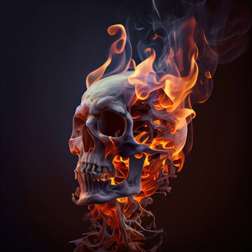 urning skull with bright blazing fire flames, Ai generated illustration	