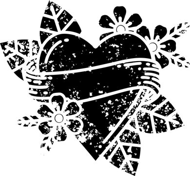 tattoo in black line style of a heart and banner