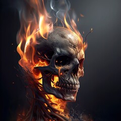 Blazing skull, fire and smoke on dark background, Ai generated illustration