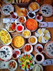 Delicious, natural, traditional breakfast on the table. Village breakfast.
