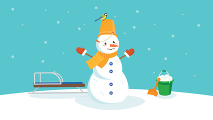 snowman near sleigh and bucket