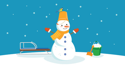 snowman at night near the sleigh and bucket