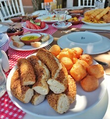 Delicious, natural, traditional breakfast on the table. Village breakfast.
