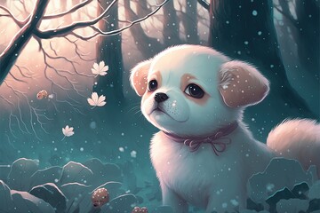 Cute anime puppy  in kawaii style, winter forest, pastel glow	