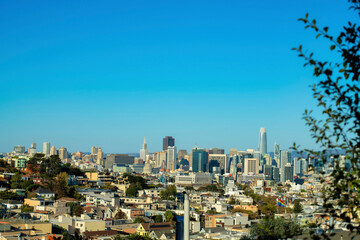 Downtown city with many buildings and sky scrapers in the historic districts of San Francisco...