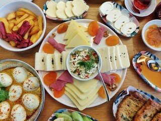 Delicious, natural, traditional breakfast on the table. Village breakfast.
