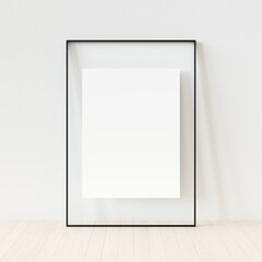 Close up black picture frame, realistic vertical photo frame, A4. Empty black picture frame mockup template isolated on white wall indoors. Vector illustration. 3d illustration