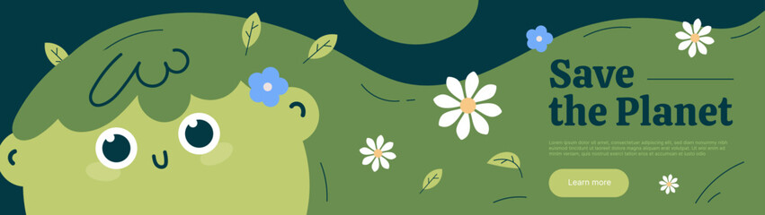 Cartoon Earth ecology web page concept, Cute smiling green girl with flowers in hair, save Planet banner design.
