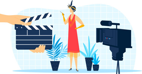 Movie actress at scene, clapper at film production, vector illustration. Cinema action at video entertainment, cinematography background.