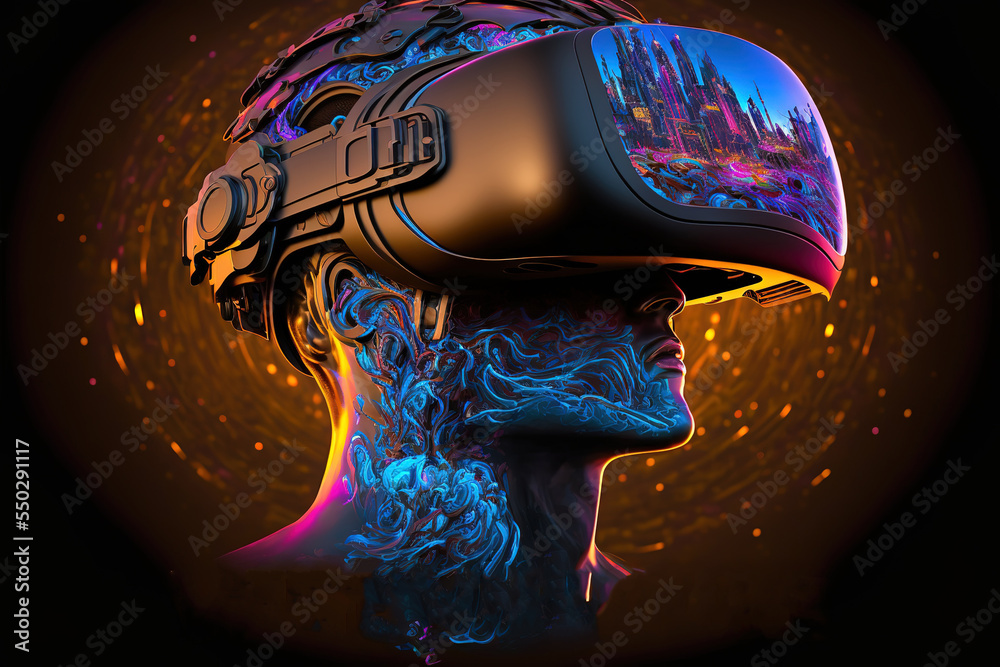 Poster metaverse concept and virtual world elements. silhouette of a human face in augmented or virtual rea