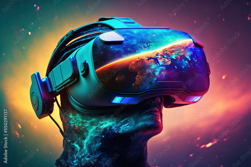 Poster metaverse concept and virtual world elements. silhouette of a human face in augmented or virtual rea