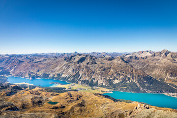 Above Silvaplana lake, Sils and Maloja from Piz Corvatsch, Engadine, Switzerland