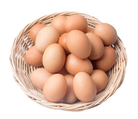 Fresh chicken eggs in woven bamboo basket isolated on white background with clipping path in png file