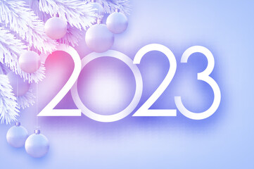 2023 sign with white hanging baubles and fir branches.