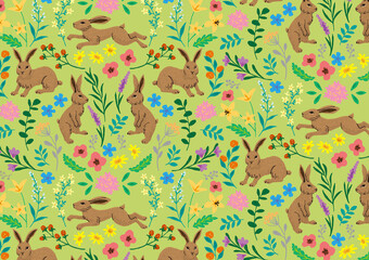 手書きの茶色のうさぎの植物柄　黄緑色