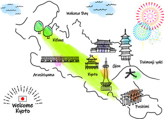 Naklejka premium 手書きの京都の観光地シンプル線画イラストマップ