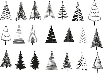 Obraz premium Christmas tree silhouette set hand drawn illustration on white background