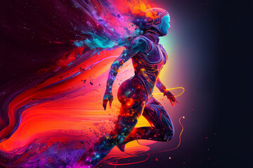 Fototapeta premium Generative ai illustration of an abstract silhouette of a woman shining in rainbow colors, infinite turbulence, fluorescent red colours comforting and relaxing design.