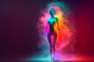 Generative AI illustration of an abstract silhouette of a woman shining in rainbow colors, infinite turbulence, fluorescent red colours comforting and relaxing design.