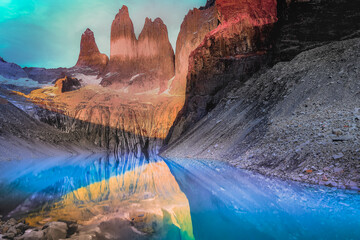 Torres Del Paine granites at sunrise and lake reflection, Chilean Patagonia